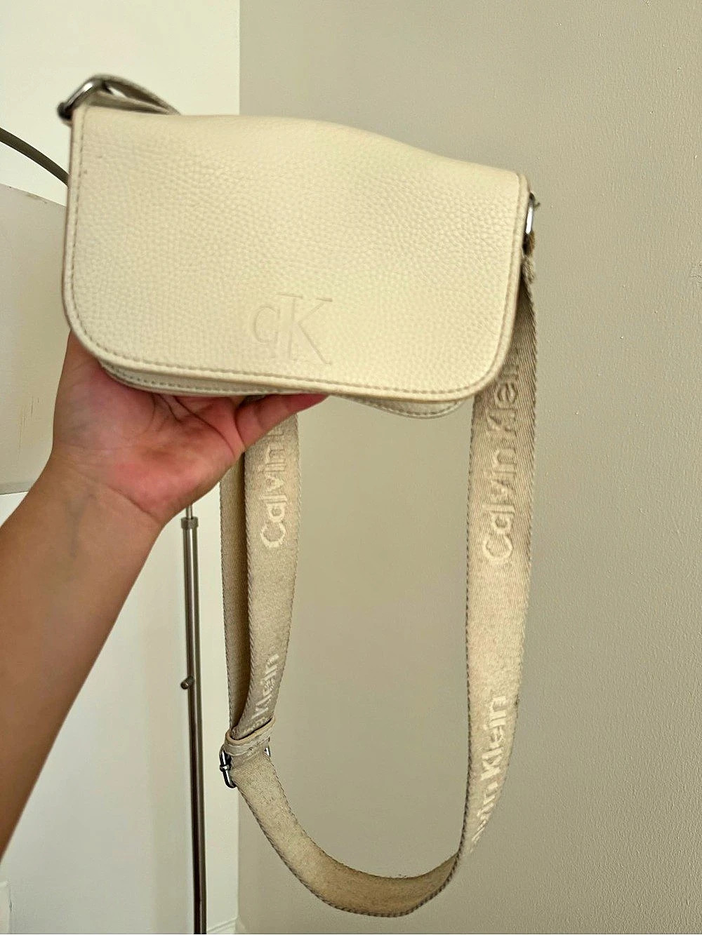 Calvin Klein Pebbled Crossbody Bag with Logo Strap - Cream